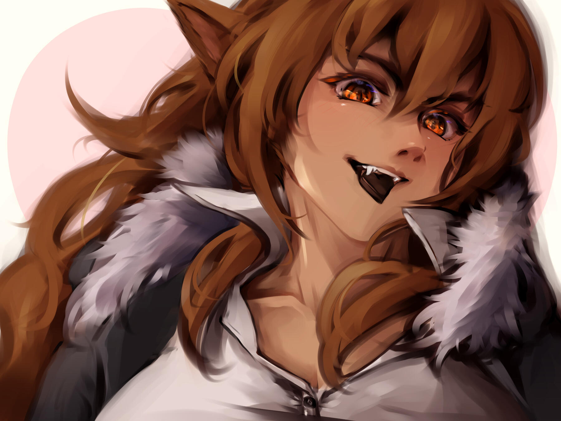 Digital valentine artwork of Larissa, holding a piece of heart-shaped chocolate in her mouth with her fangs.