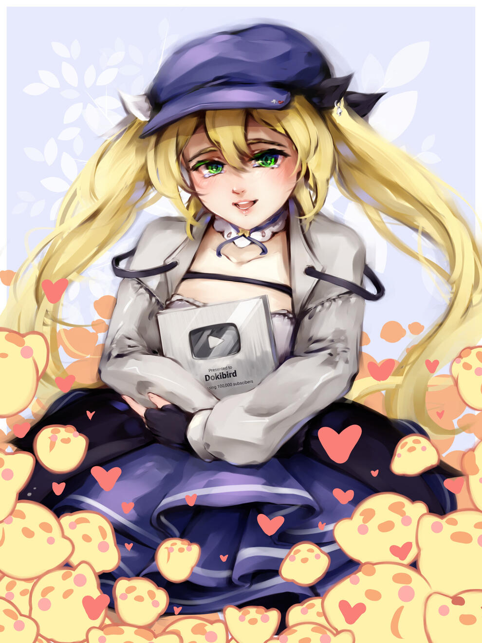 Digital fanart of indie Vtuber 'Dokibird', holding a silber Youtube Playbutton award for reaching 100.000 subscribers. She is surrounded by 'Birk knights', little chicks that are a representation of her community.