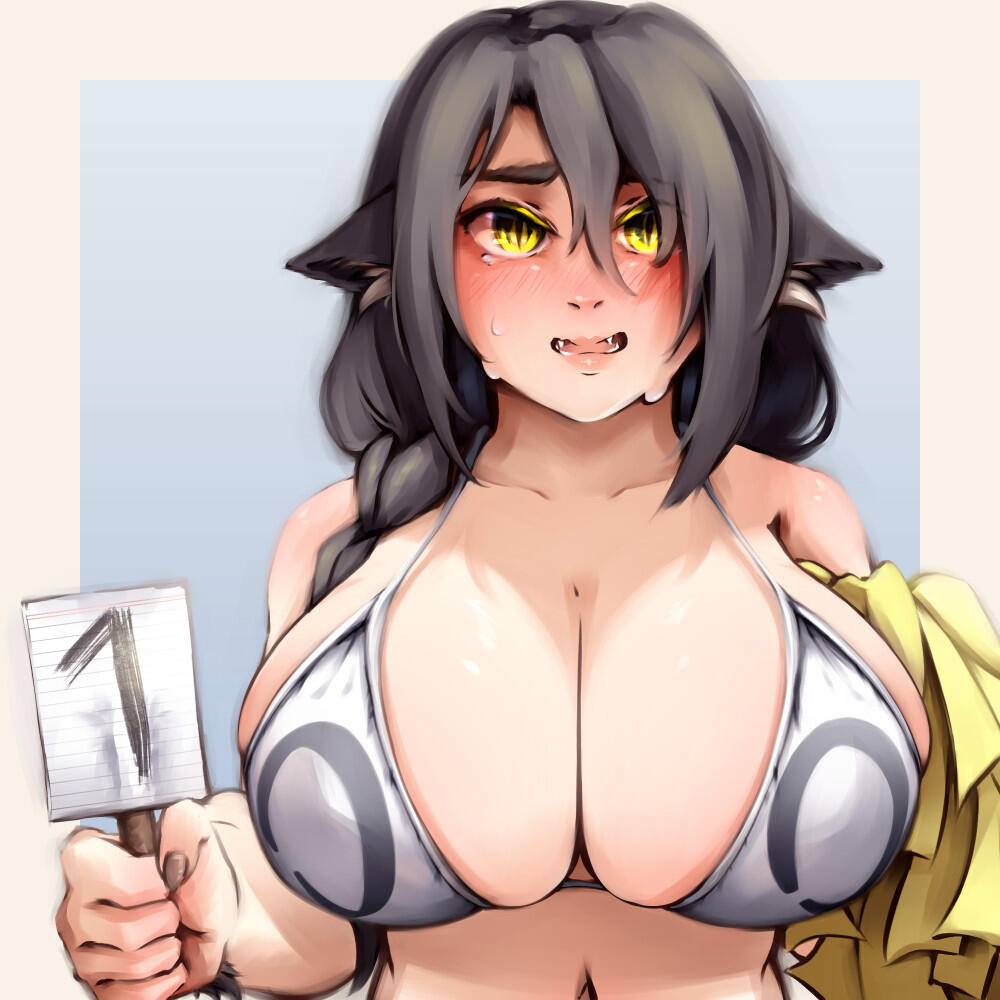 Not-Safe-For-Work digital art of Melissa Manda in a bikini holding a pom pom in one hand and a sign with the letter "1" writen on it, together with the bikini with a "0" on each cup it reads "100".