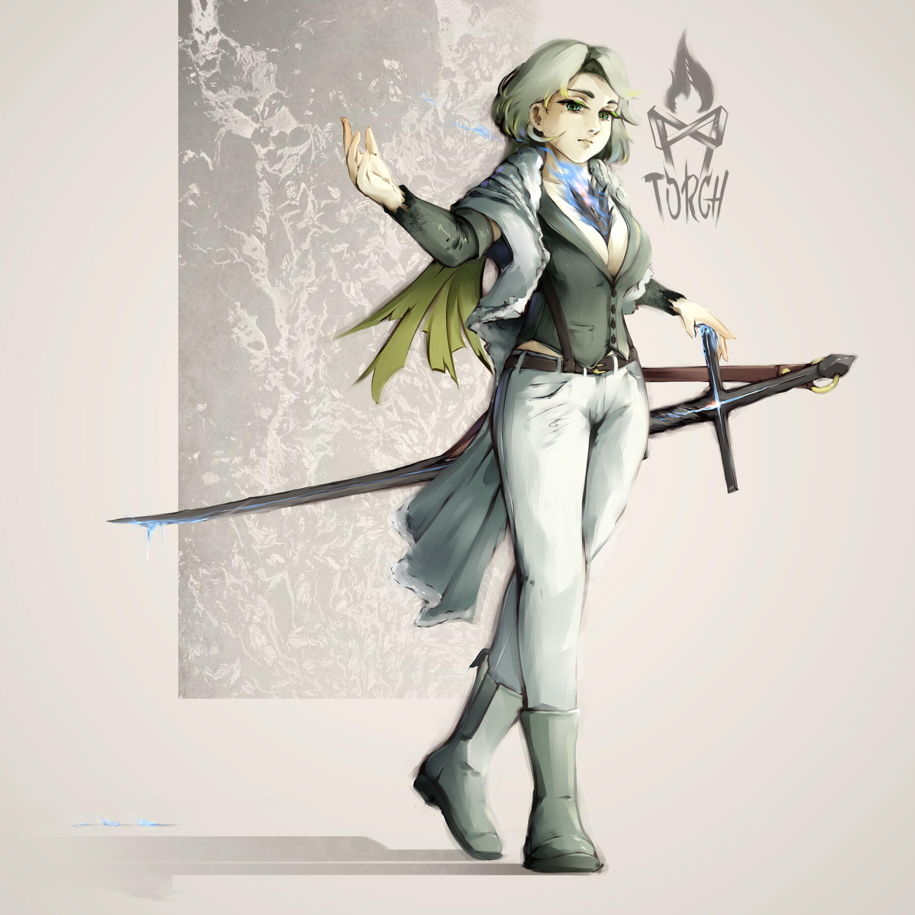 A full body image of my OC ₁₆S from Aasgeist. She's walking forward, looking at the viewer with her right hand raised, showing the palm of her hand.