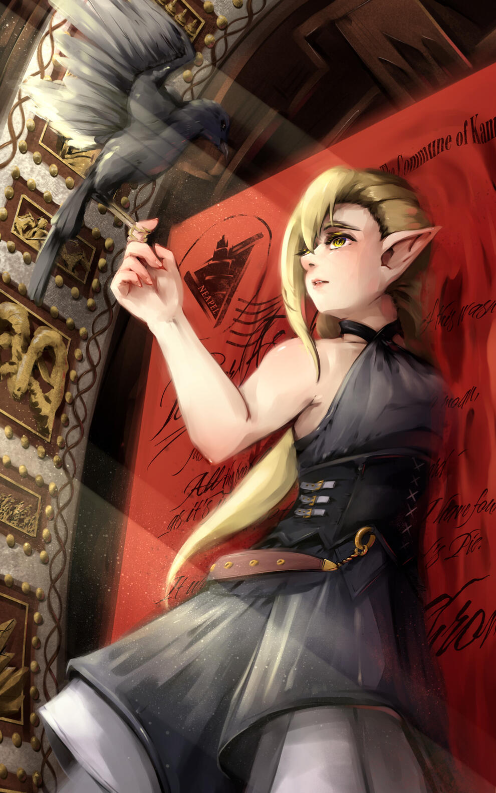 Digital art of Fe₃C from Aasgeist in a black dress while slowly being submerged in a postcard. She looks very accepting of this and is stretching her finger out, allowing a crow to sit on it.