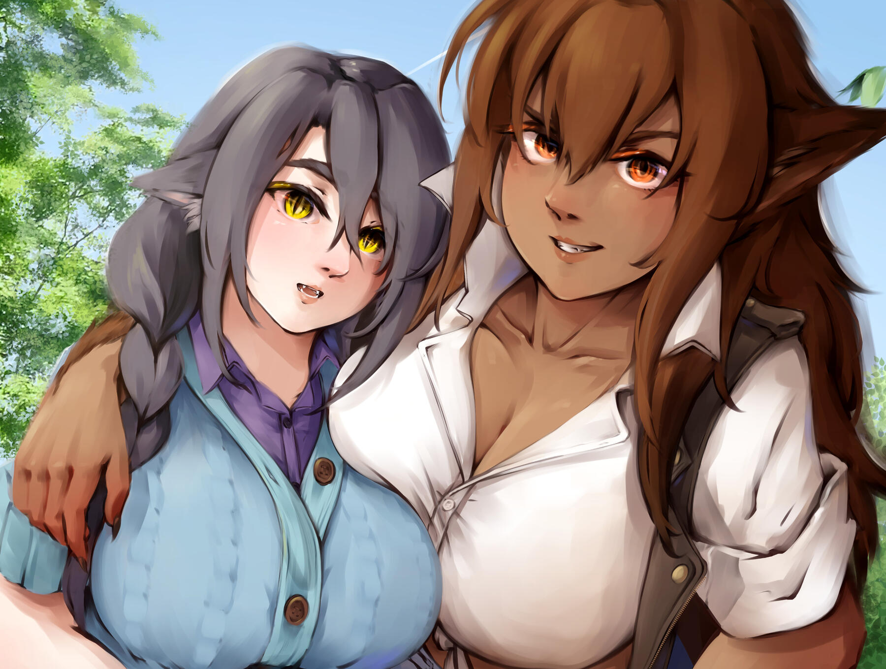 Digital art of Melissa & Larissa Manda, with Larissa holding her arm around Melissa's shoulder.