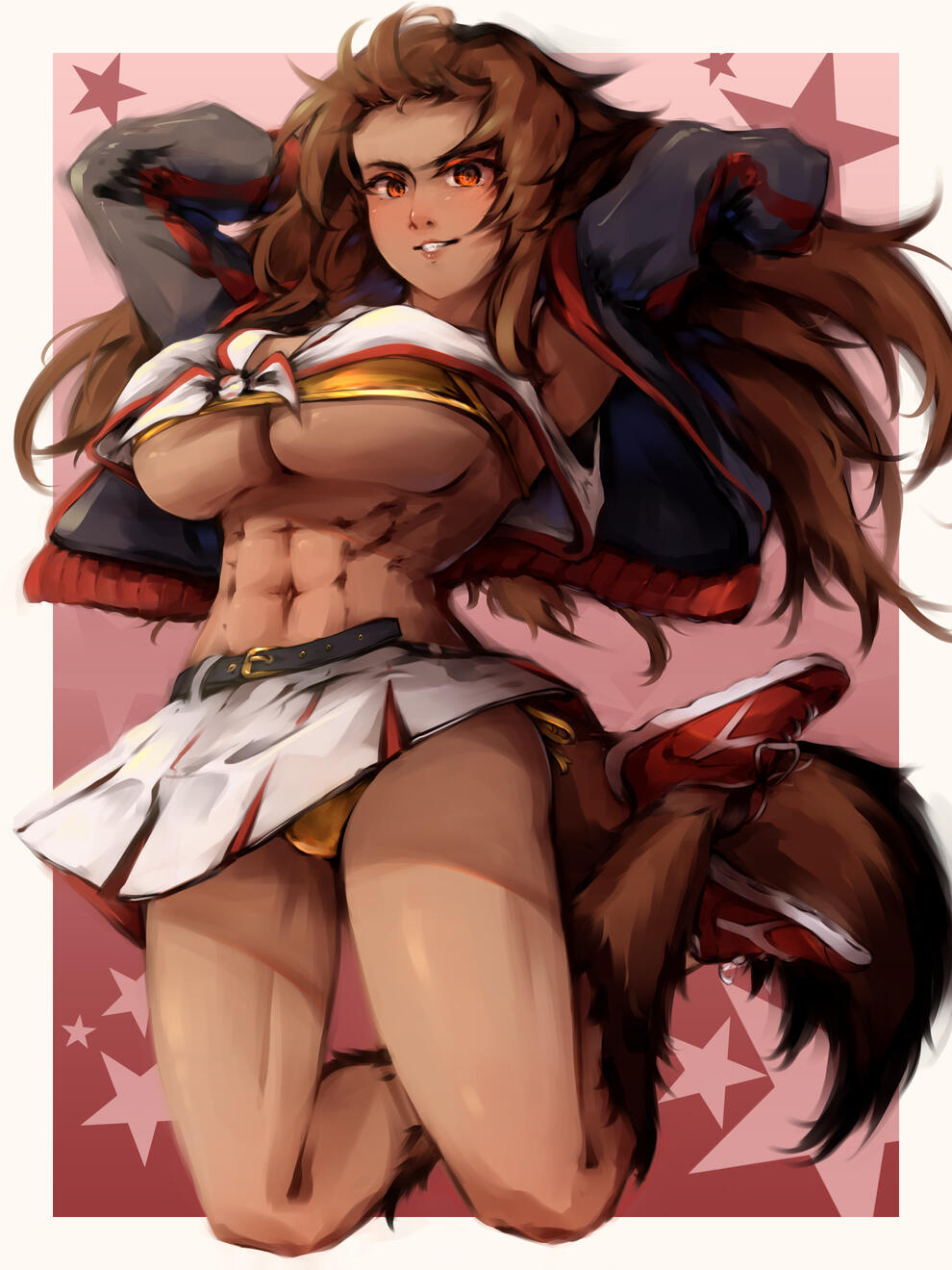 Digital art of Larissa Manda in a cheerleader outfit and a bomber-style jacket. She is jumping up in the air.