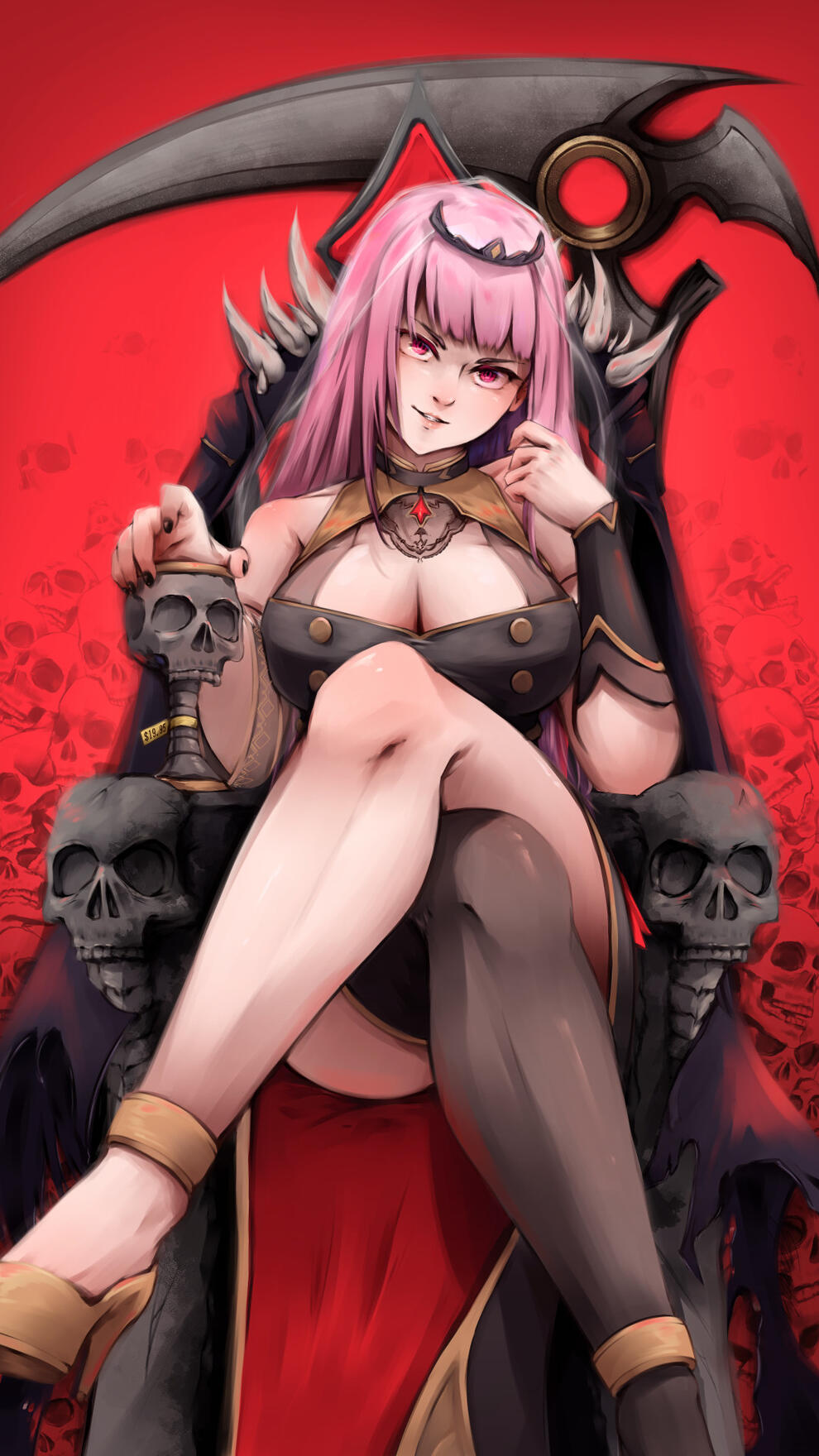 Digital fanart of Mori Calliope, a Vtuber from Hololive sitting on a throne with a smug expression. She is surrounded by skulls fading into the bright red background.