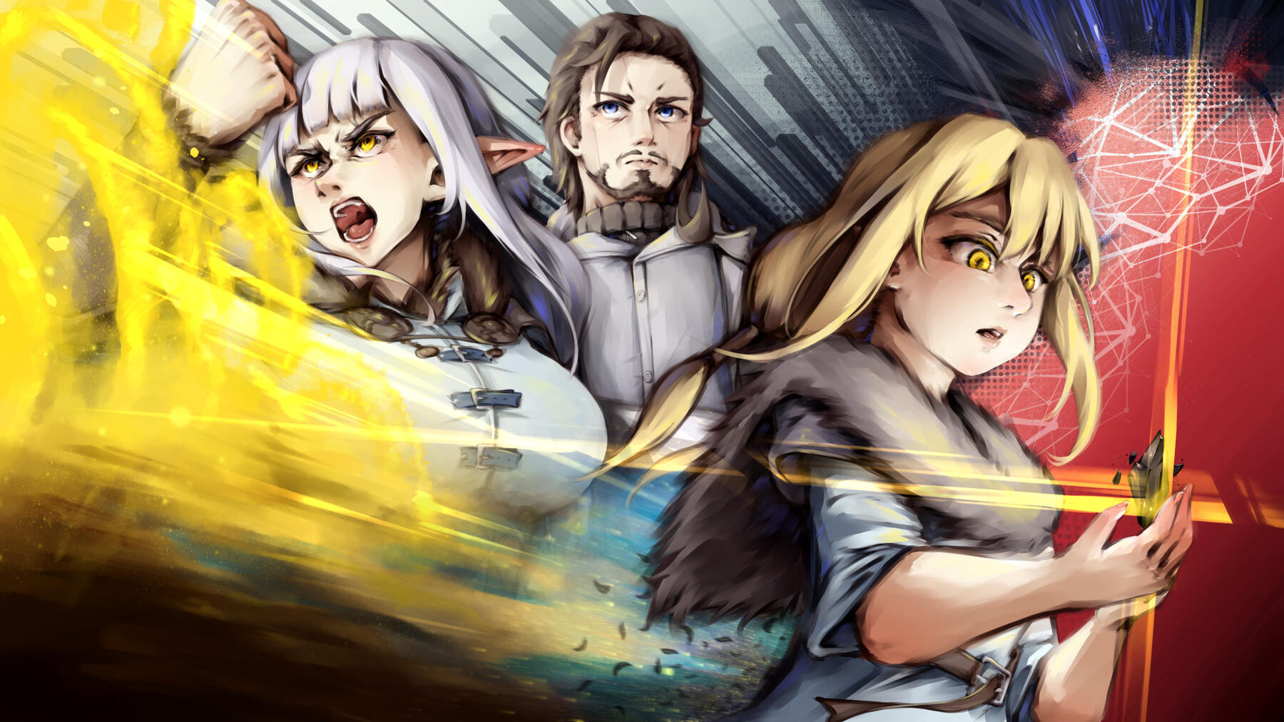An artwork of all three protagonists of Adoris' Theory together with an abstract background. Fer is screaming and holding her light shield, Cole is looking in the same direction as Fer, thoughtfully. Asier is looking at a piece of initium, fascinated.