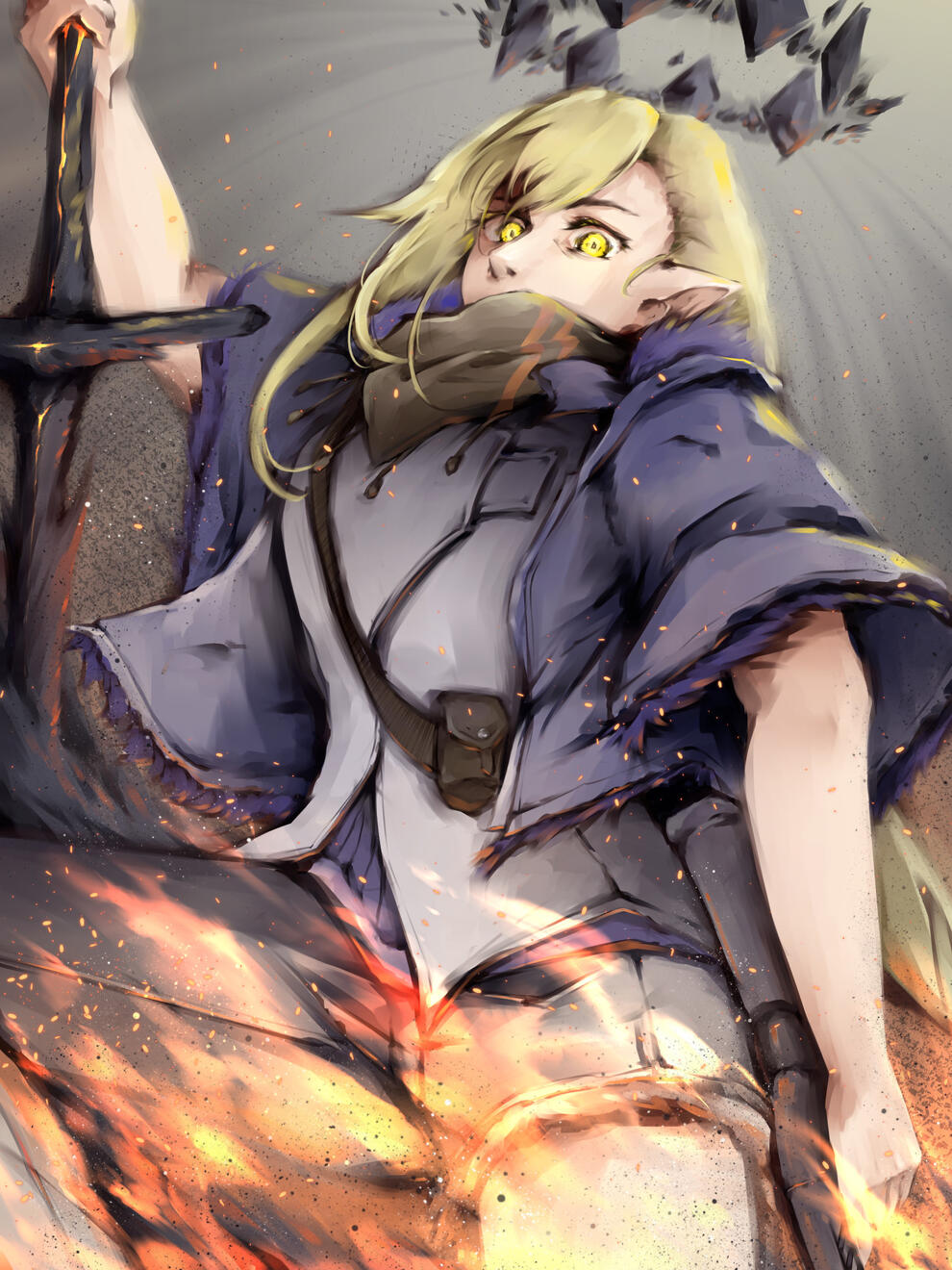 Digital art of Fe₃C from Aasgeist surrounded by flames and looking angrily at the viewer. She holds a gigantic sword, yet seethed with the tip in the ground.