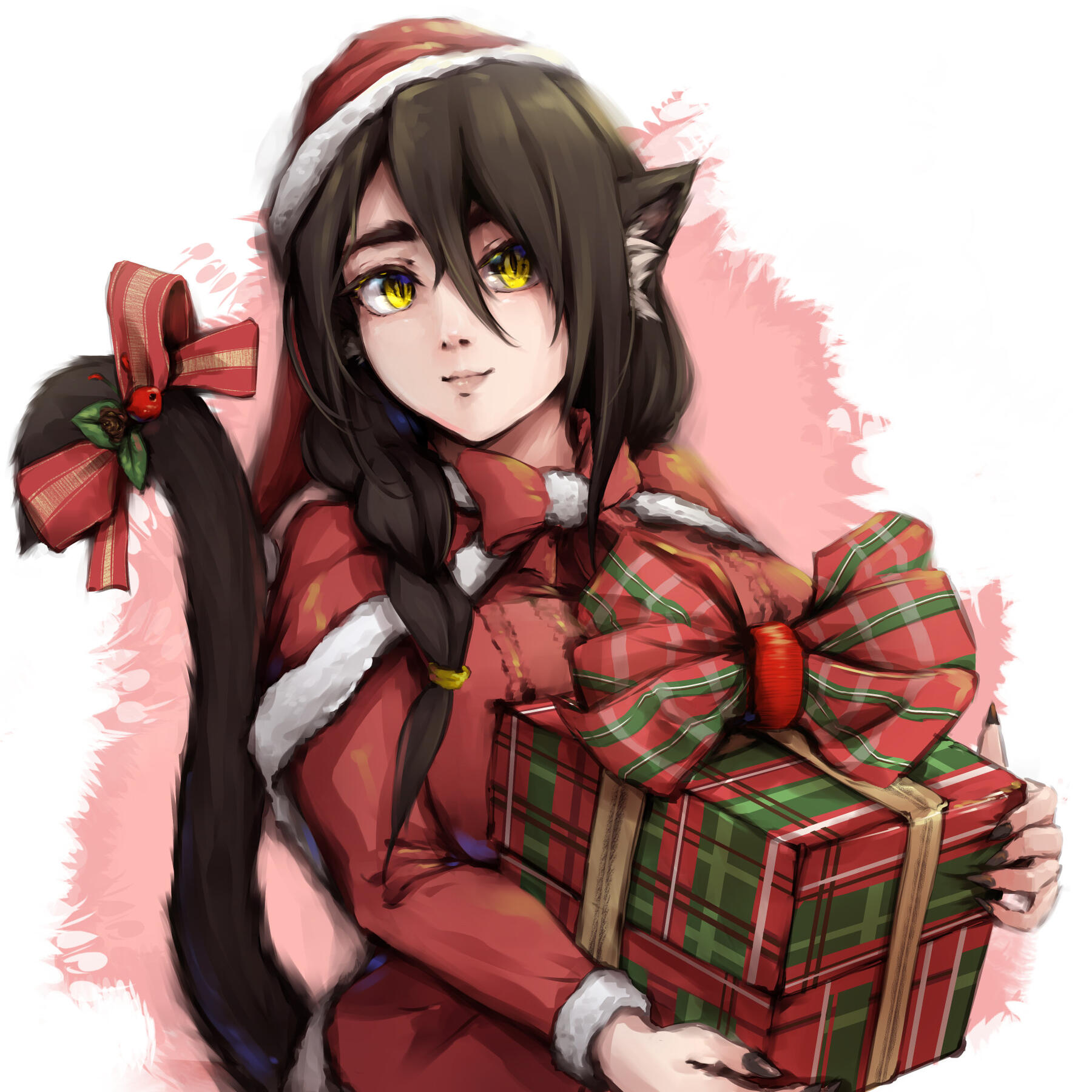 Digital Christmas-themed art of Melissa Manda, who is wearing a Christmas outfit and carrying a big wrapped present. She also has a red ribbon around her tail. This artwork is in celebration of 2021's Christmas.