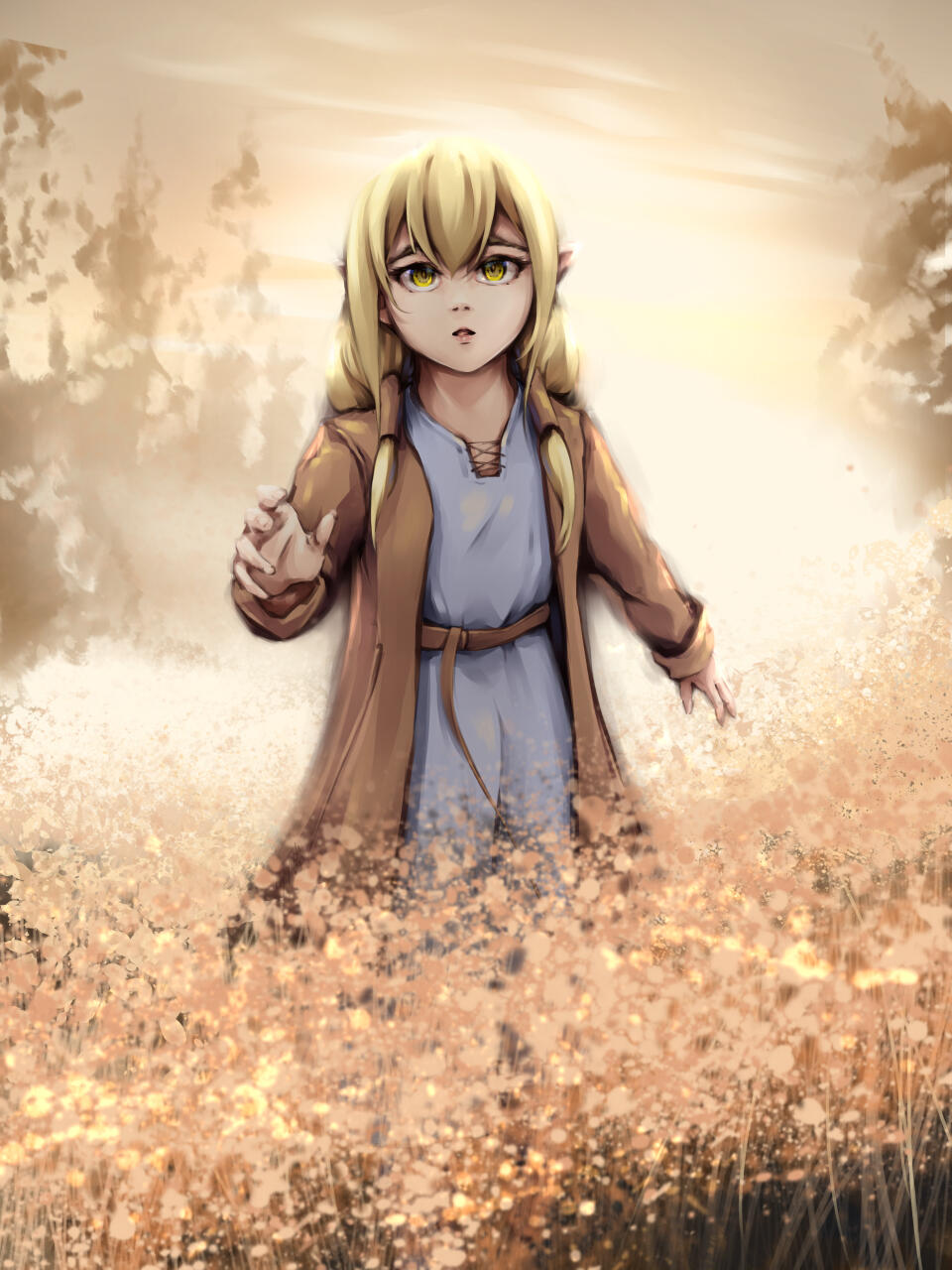 Digital art of Asier from Adoris' Theory standing in a large wheatfield. She is outstretching her hand with a concerned look on her face.