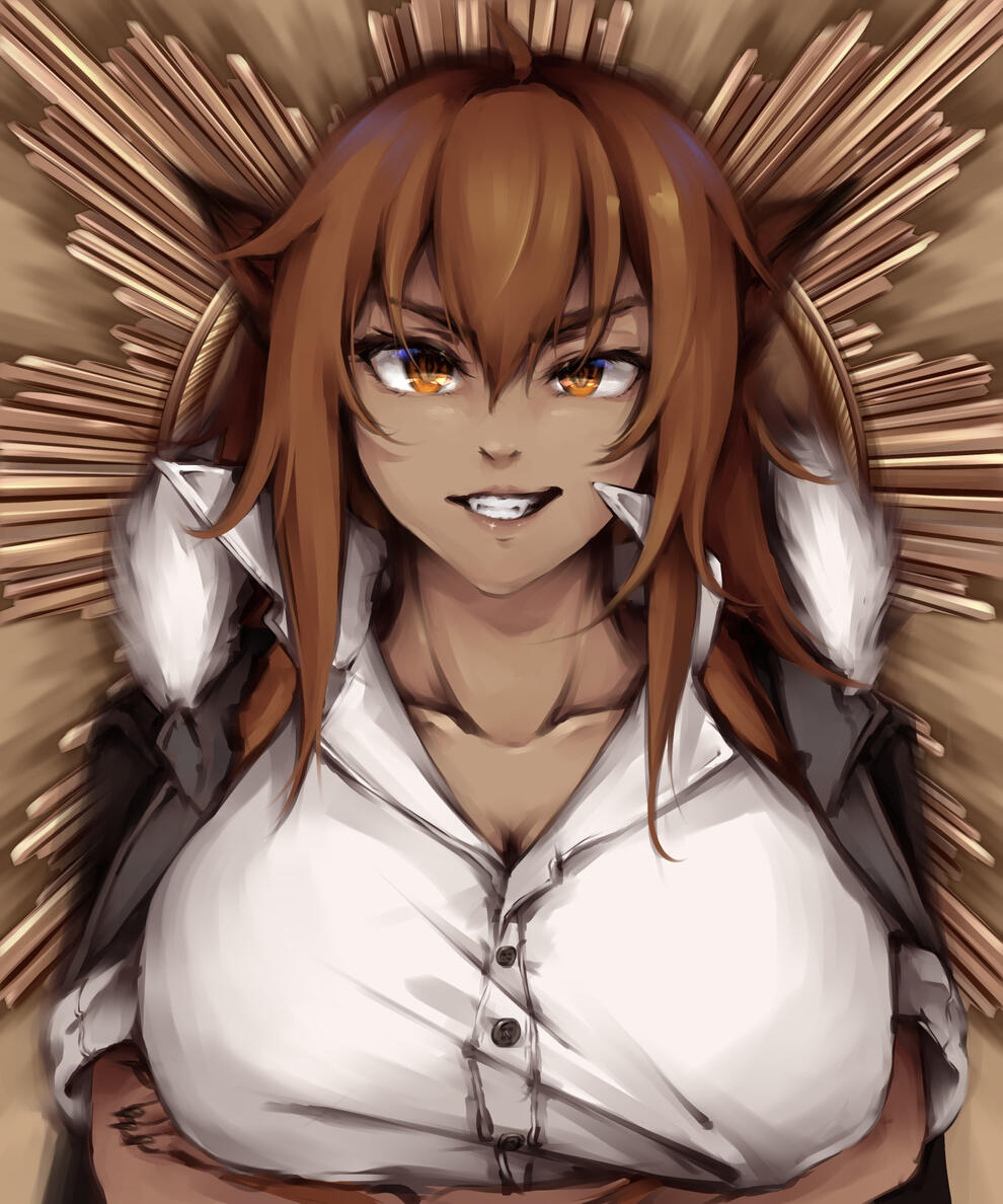 Digital art of Larissa Manda crossing her arms and smiling confidently at the viewer. The background is a Brunswick star.