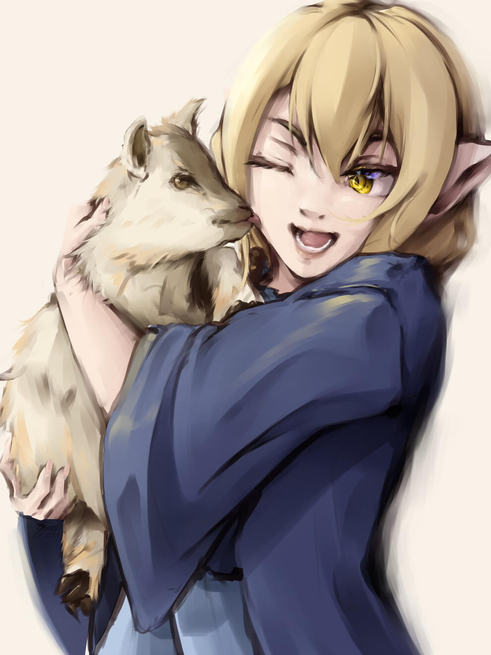Digital art of Asier from Adoris' Theory, while carrying a goat that licks her cheek. Asier looks happy.